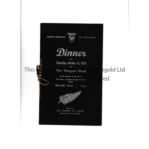 395 - RUGBY UNION 1935 NEWPORT V NEW ZEALAND ALL BLACKS   Menu card for the celebration meal at The Wester... 