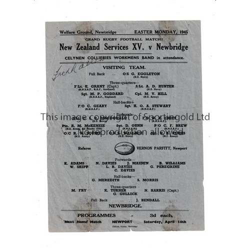 400 - RUGBY UNION 1945 NEWBRIDGE V NEW ZEALAND SERVICES   Single sheet for the All Blacks game at Newbridg... 