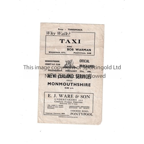 401 - RUGBY UNION 1945 MONMOUTHSHIRE V NEW ZEALAND SERVICES   Four page programme for the game at Pontypoo... 