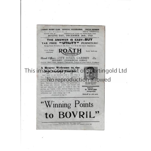 402 - RUGBY UNION 1945 CARDIFF V NEW ZEALAND ALL BLACKS   Programme for the game at Cardiff on 26/12/45. F... 