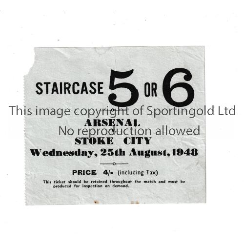 41 - ARSENAL     Ticket for the home League match v Stoke City 25/8/1948, minor paper loss top left.     ... 