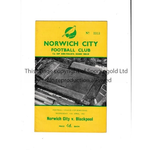 416 - 1962 LEAGUE CUP SEMI-FINAL   Programme for the first leg at Norwich City v Blackpool, very slight ho... 