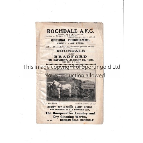 75 - 1925 ROCHDALE V BRADFORD PARK AVENUE   Programme for the game at Rochdale on 24/1/25. Creased and ol... 