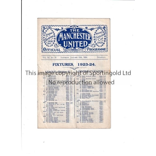 95 - MANCHESTER UNITED      Programme for the home FA Cup tie v Plymouth Argyle 12/1/1924, horizontal fol... 