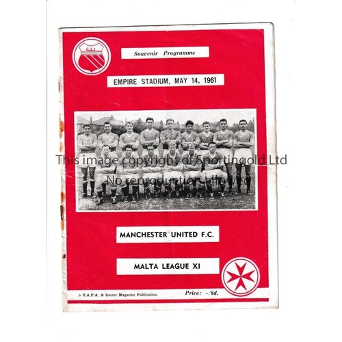 98 - MANCHESTER UNITED      Programme for the Friendly v Malta League XI 14/5/1961 at the Empire Stadium ... 