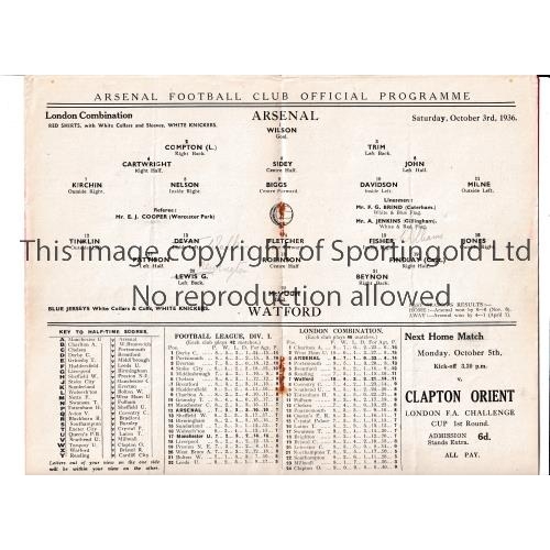 10 - ARSENAL       Programme for the home London Combination match v Watford 3/10/1936, very slight verti... 