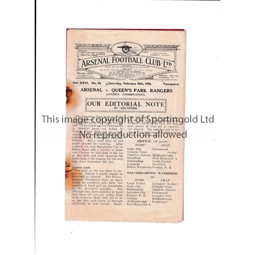 11 - ARSENAL       Programme for the home London Combination match v Q.P.R 26/2/1938, page 3/4 (line-up p... 