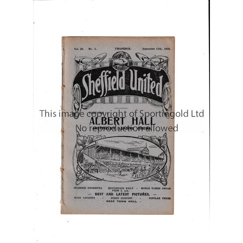 115 - SHEFFIELD UNITED    Programme for the home League match v Aston Villa 13/9/1924, ex-binder.    Gener... 