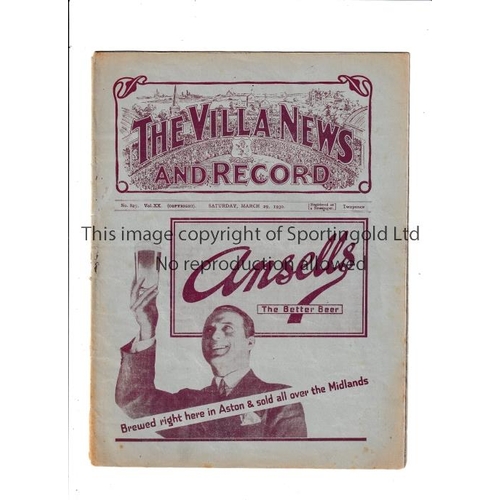 125 - ASTON VILLA      Programme for the home League match v Middlesbrough 29/3/1930.    Generally good