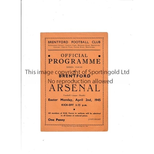 136 - ARSENAL   Programme for the away FL South match v Brentford 2/4/1945, very slightly creased.      Ge... 