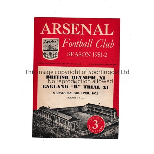 15 - NEUTRAL AT ARSENAL       Programme for British Olympic XI v England B 30/4/1952 Trial Match.     Gen... 