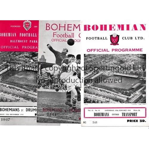 164 - BOHEMIANS      Three home programmes v Transport 13/1/1951, Evergreen Utd. 16/3/1952 and Drumcondra ... 