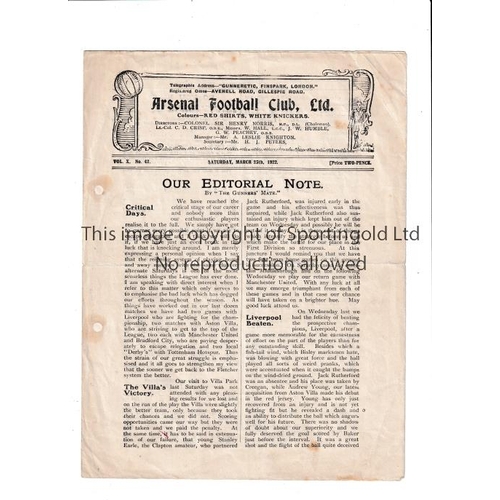 2 - ARSENAL      Programme for the home League match v Aston Villa 25/3/1922, punched holes replaced and... 