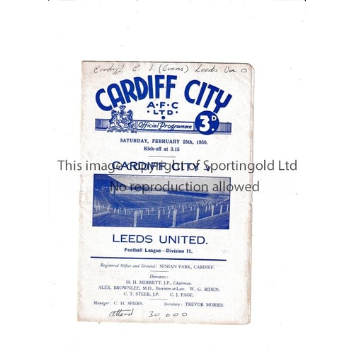 26 - LEEDS UNITED    Programme for the away League match at Cardiff 25/2/1950, horizontal fold and writin... 