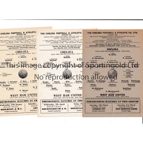 27 - CHELSEA V WEST HAM UNITED     Three single card programmes for matches at Chelsea 61/62 SECL, 61/62 ... 