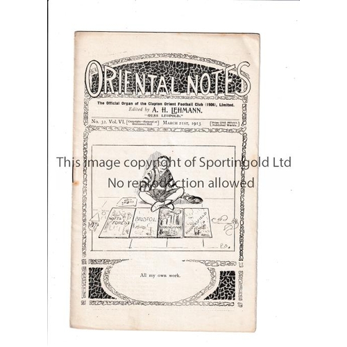 29 - CLAPTON ORIENT V WOLVES 1913     Programme for the League match at Clapton Orient v Wolves 21/3/1913... 