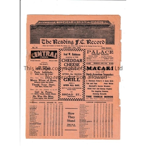 31 - READING V SWINDON TOWN 1935     Programme for the League match at Reading 19/1/1935 with paper loss ... 