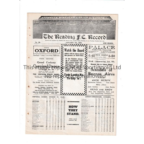 32 - READING V SWINDON TOWN 1933     Programme for the League match at Reading 7/1/1933, ex-binder.    Ge... 