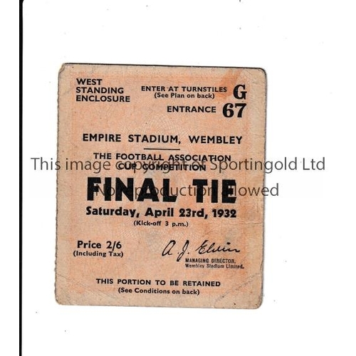 469 - 1932 FA CUP FINAL      Ticket for Arsenal v Newcastle United, slightly creased, team names and score... 