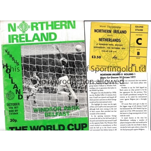 473 - GEORGE BEST     Programme and ticket for Northern Ireland at home v Holland 12/10/1977. Ticket is sl... 