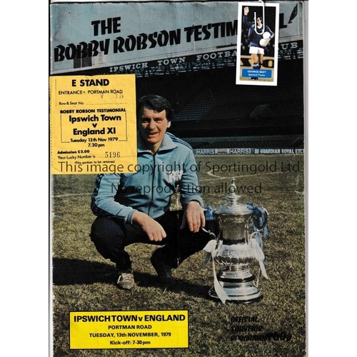 476 - GEORGE BEST     Programme and ticket for the Bobby Robson Testimonial 13/11/1979 at Ipswich. Best on... 