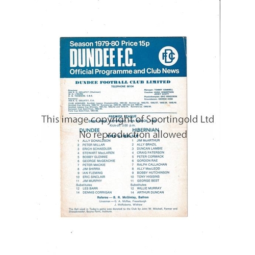 482 - GEORGE BEST    Programme for Hibernian away to Dundee 15/3/1980 with Best on the line-up page. Very ... 