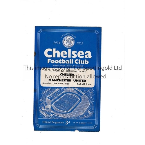 486 - 1955 F.A. YOUTH CUP FINAL      Programme for Chelsea at home v Manchester United 16/4/1955, small ni... 