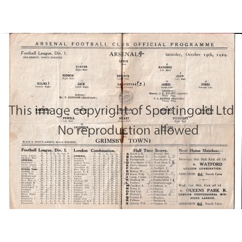 5 - ARSENAL      Programme for the home League match Grimsby 19/10/1929, horizontal fold and scores ente... 