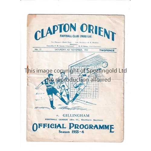 69 - CLAPTON ORIENT V GILLINGHAM 1933     Programme for the League match at Clapton on 4/11/33.  Staple r... 