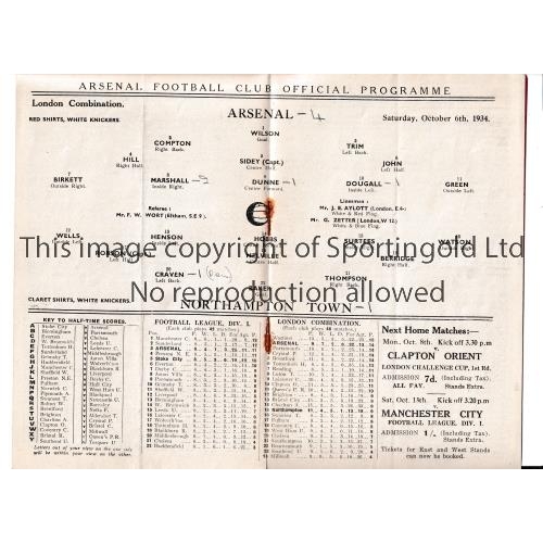 7 - ARSENAL      Programme for the home London Combination match v Northampton Town 6/10/1934, very slig... 