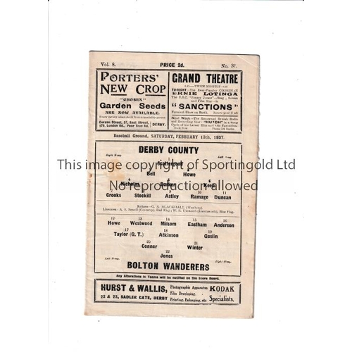 70 - DERBY COUNTY V BOLTON WANDERERS 1937      Programme for the League match at Derby on 13/2/37. Slight... 