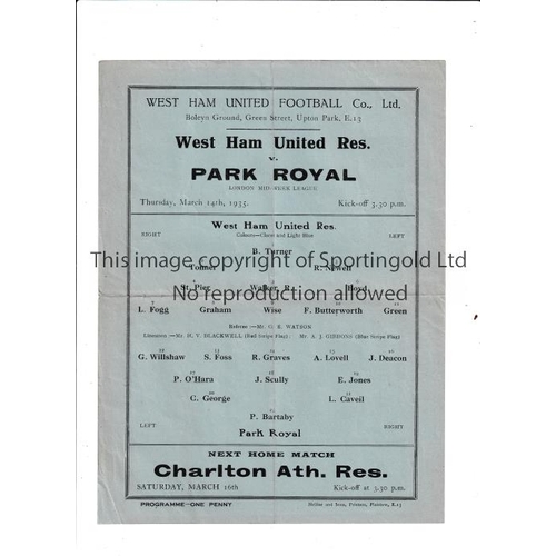 76 - WEST HAM UNITED V PARK ROYAL 1935   Single sheet programme for the London Mid Week League match at W... 