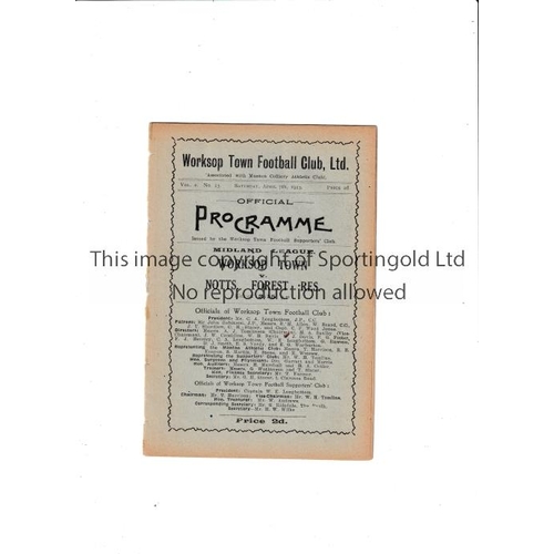 77 - WORKSOP TOWN V NOTTINGHAM FOREST 1923       Programme for the Midland League match at Worksop on 7/4... 