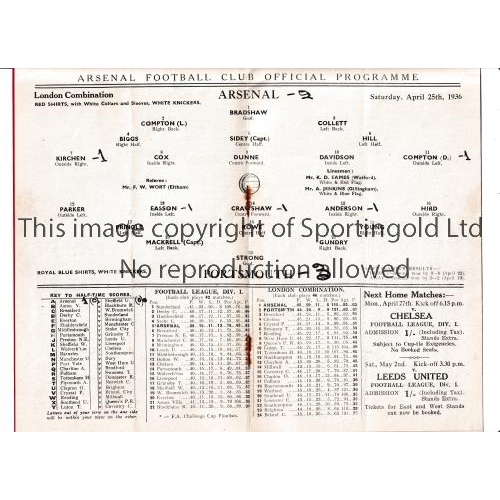 9 - ARSENAL      Programme for the home London Combination match v Portsmouth 25/4/1936, very slight ver... 