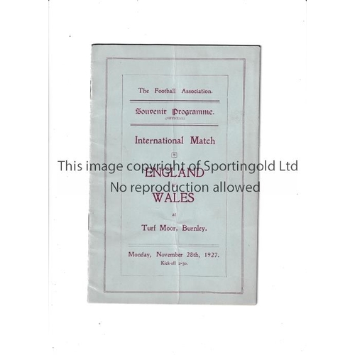 99 - ENGLAND V WALES 1927 AT BURNLEY F.C.      Very scarce programme, almost certainly a VIP issue includ... 