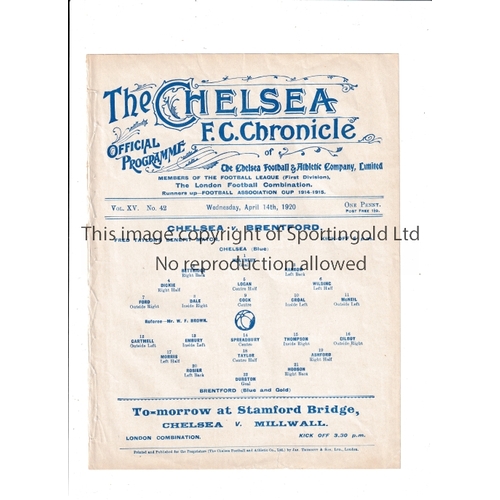 150 - CHELSEA      Single sheet programme for the home Benefit match v Brentford 14/4/1920, ex-binder.    ... 