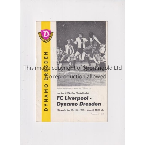 33 - LIVERPOOL      Programme for the away UEFA Cup tie v Dynamo Dresden 21/3/1973 in their successful se... 