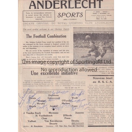 37 - LONDON COMBINATION V BRUSSELS 1952 / AUTOGRAPHS     Scarce Anderlecht Sports official programme for ... 