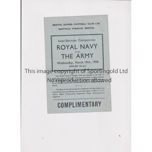 53 - ROYAL NAVY V ARMY 1958 AT BRISTOL ROVERS    Programme for the match 19/3/1958 including Sharpe and J... 