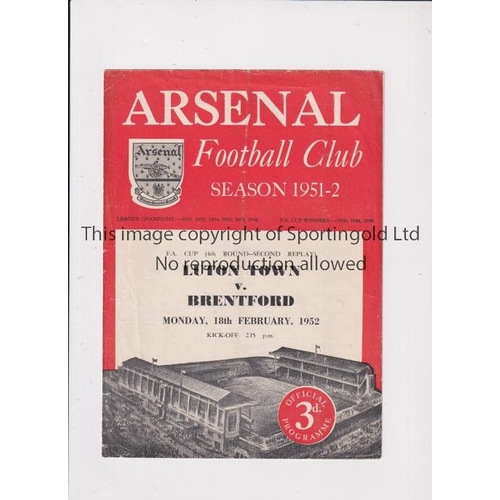 6 - 1952 LUTON V BRENTFORD FA CUP AT ARSENAL   Programme for the FA Cup second replay at Arsenal on 18/2... 