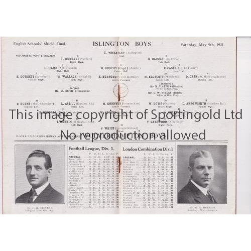 103 - NEUTRAL AT ARSENAL 1931     Programme for the English Shield Schools' Final, Islington v Wolverhampt... 