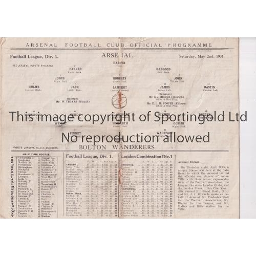 104 - ARSENAL     Programme for the home League match v Bolton Wanderers 2/5/1931, slightly creased, sligh... 