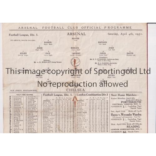 105 - ARSENAL     Programme for the home League match v Chelsea 4/4/1931, slightly creased and staples rem... 