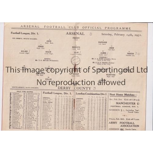 106 - ARSENAL     Programme for the home League match v Derby County 14/2/1931. Arsenal Championship seaso... 