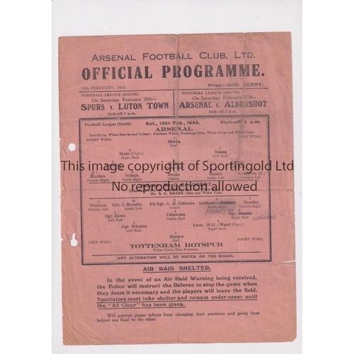 111 - ARSENAL      Programme for the home FLS match v Tottenham Hotspur 13/2/1943, heavily folded, minor t... 