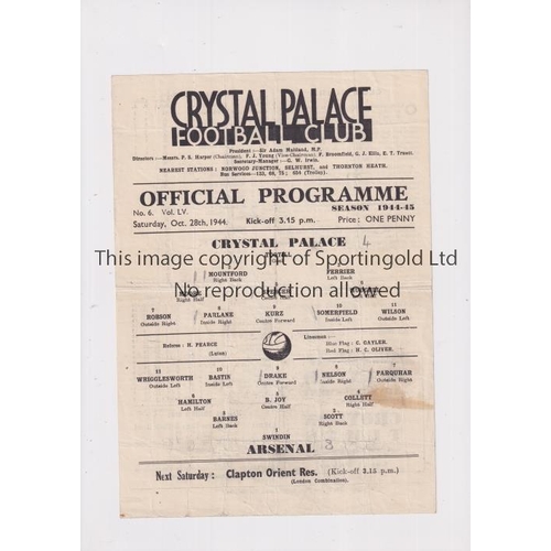 112 - ARSENAL      Programme for the away League match v Crystal Palace 28/10/1944, pencil scores entered,... 