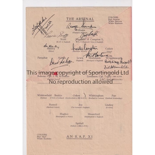 113 - WARTIME FOOTBALL IN GERMANY / ARSENAL AUTOGRAPHS 1945     Programme for a match scheduled for 11/8/1... 