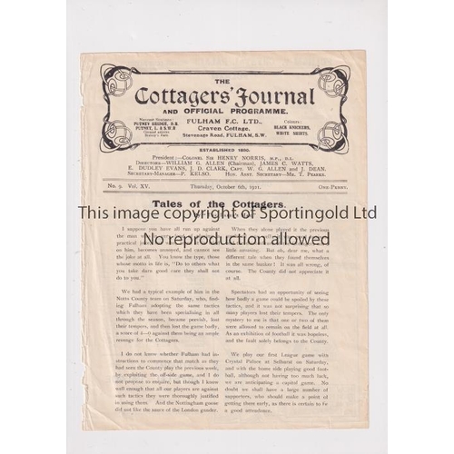 12 - FULHAM V CRYSTAL PALACE 1921      Single sheet programme for the London Combination match at Fulham ... 