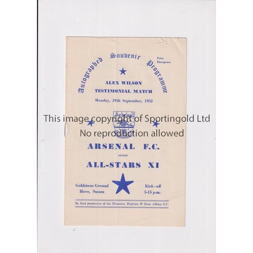 127 - ARSENAL      Programme for the away Friendly v All-Stars XI 29/9/1952 at Brighton & Hove Albion FC, ... 