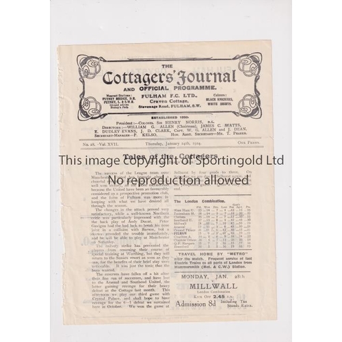 13 - FULHAM V CRYSTAL PALACE 1924      Single sheet programme for the London Combination match at Fulham ... 